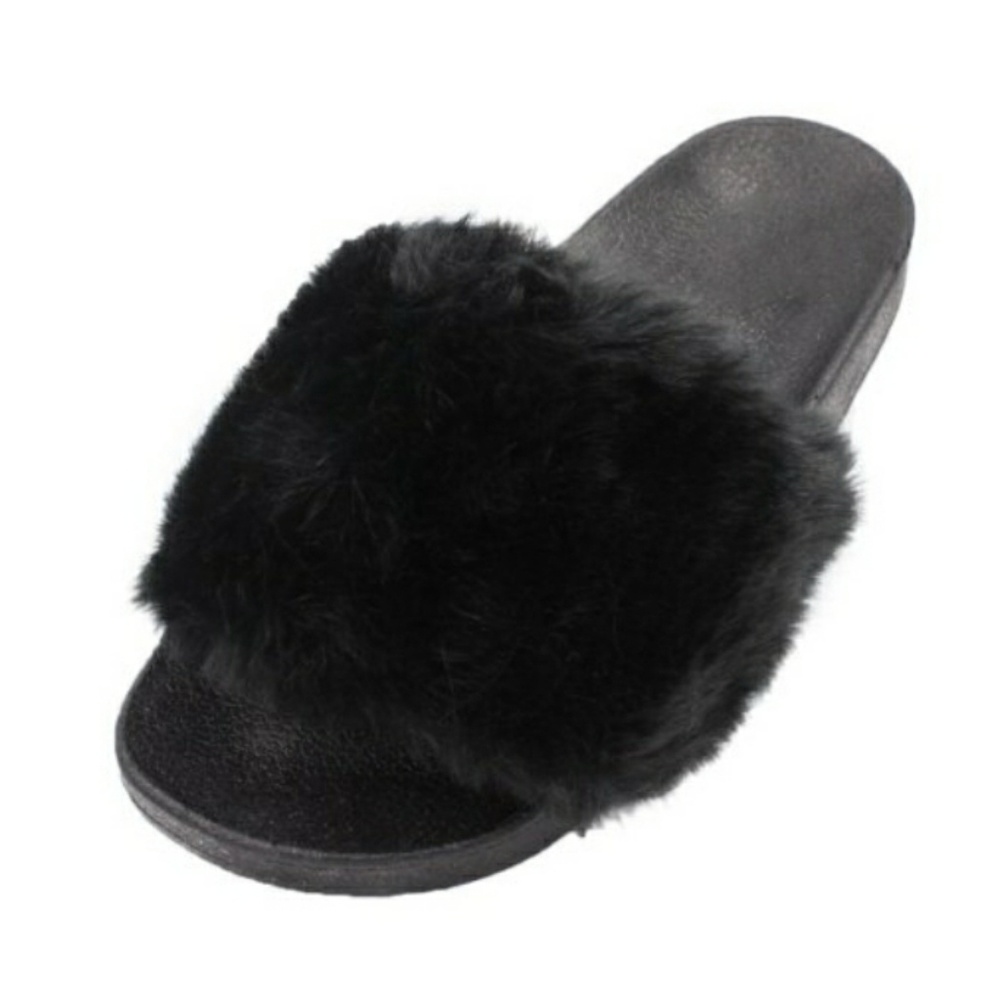 Women's Faux Fur Slide Slip Sandals Black Shoe 7.5 - Picture 2 of 4